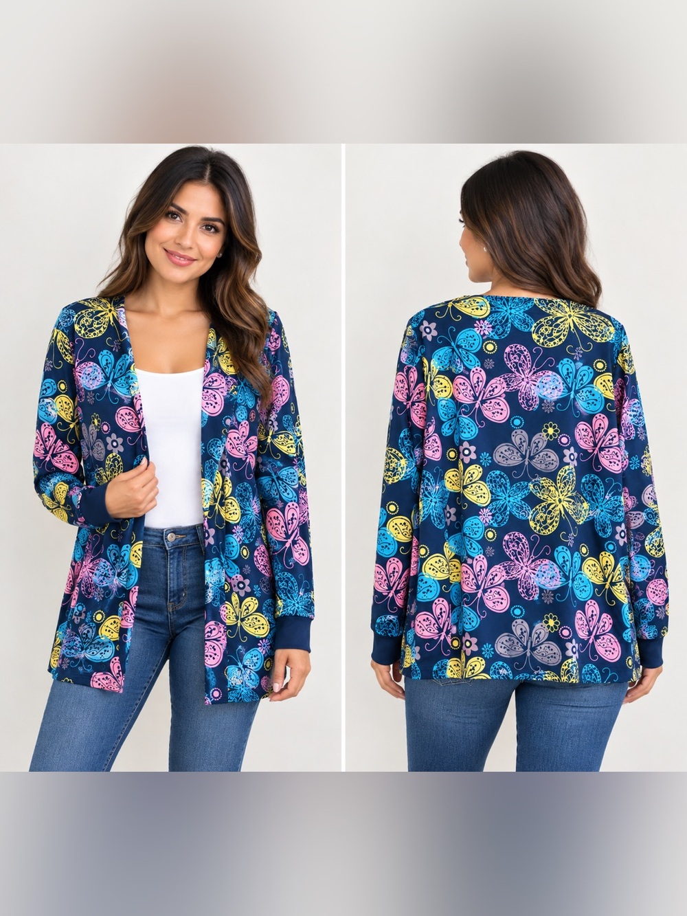 Women’s Navy Butterfly Print Open Front Cardigan Jacket